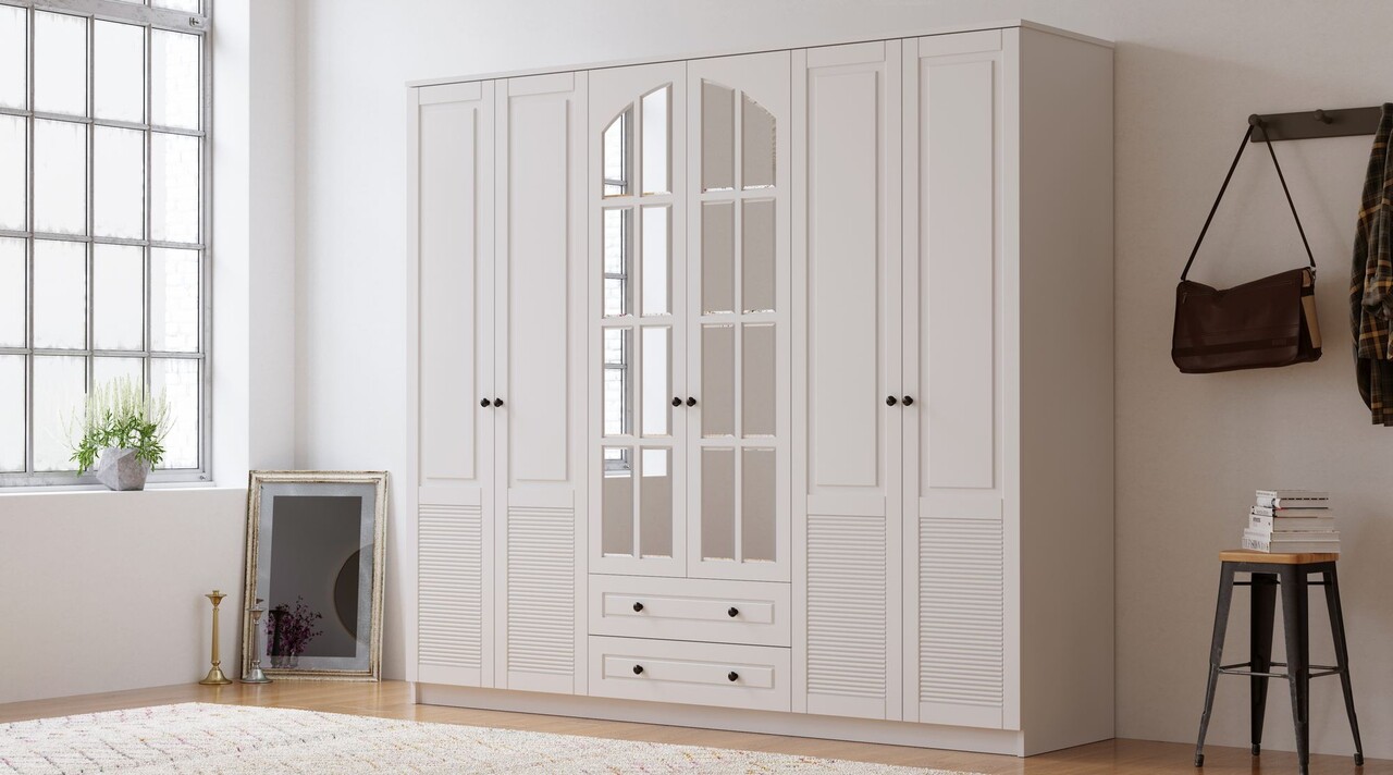 Dulap pentru haine, Hanah Home, Rb-114, 210x184x52 cm, Alb mat - imagine 6